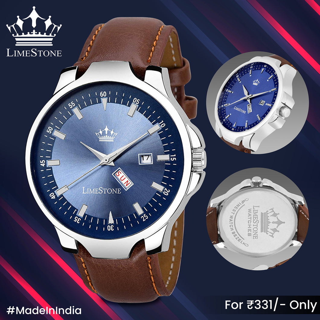 LIMESTONE  LS2777 Day-Date Functioning Blue-Tan Quartz Analog Watch - For Men