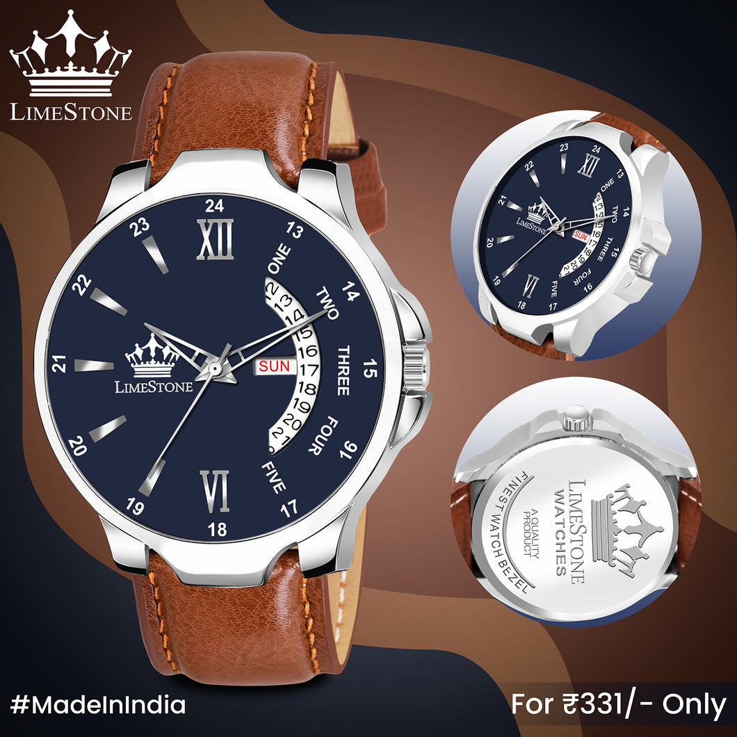 LIMESTONE  LS2971 New Day and Date Functioning Tan Strap Blue Dial Quartz Analog Watch - For Men