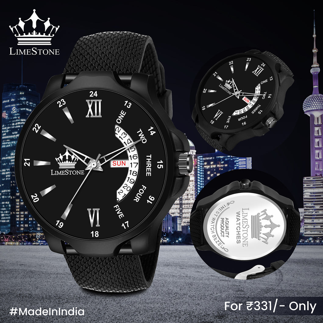 LIMESTONE  LS2972 Mesh Strap Day and Date Functions All Black Quartz Analog Watch - For Men